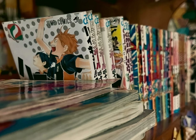 shelf containing multiple manga